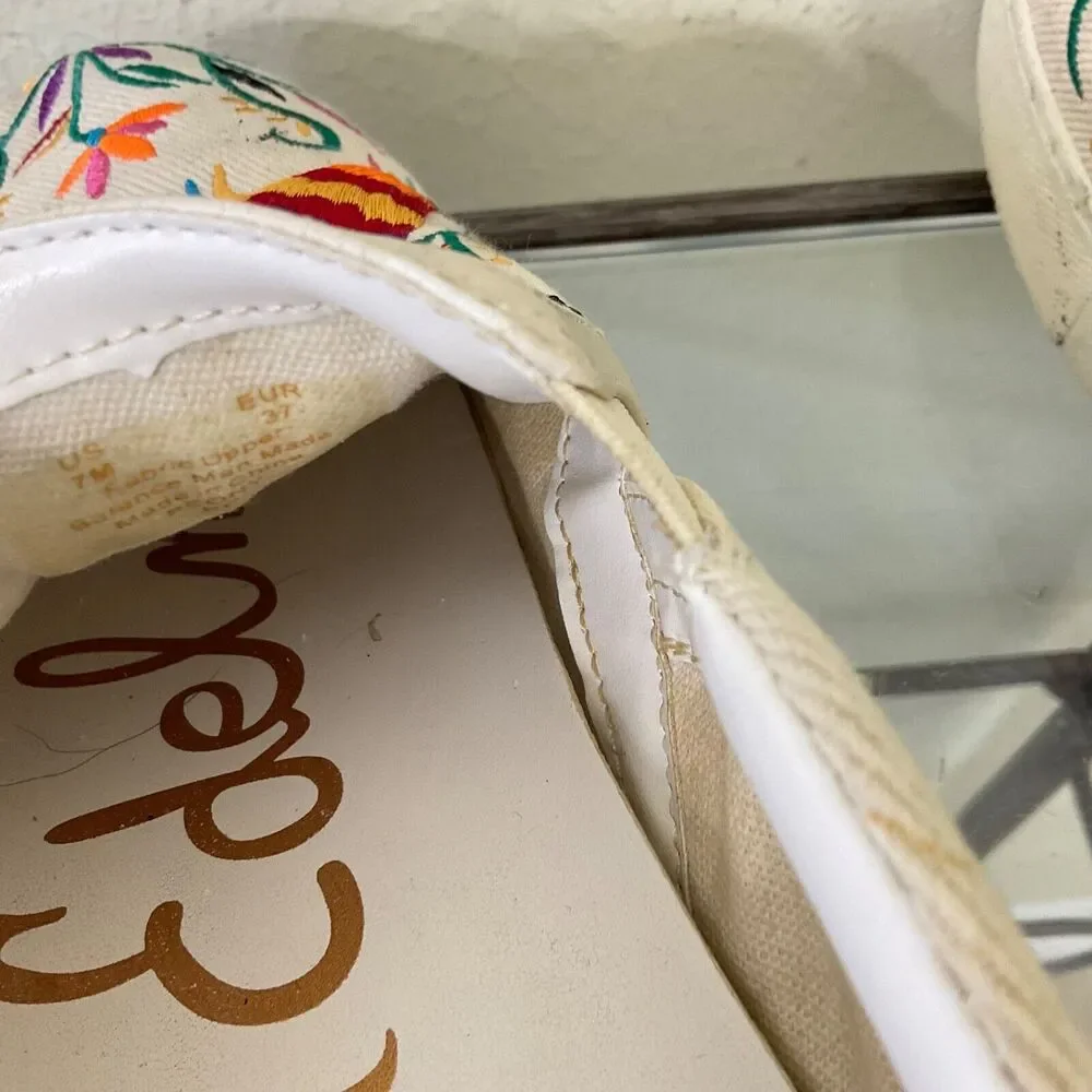 Sam Edelman shoes Women's size 7M Embroidered Floral /birds Slip On Tan shoes - Picture 7 of 8